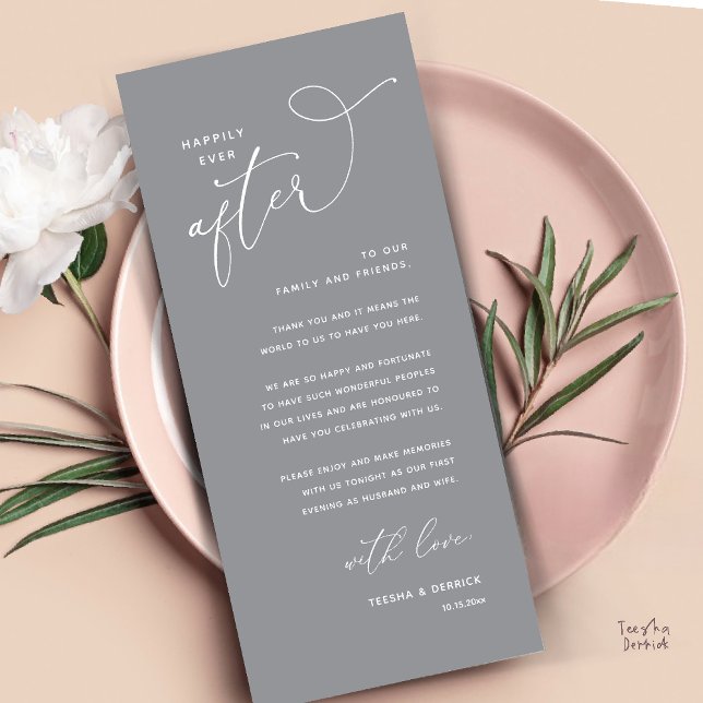 Happily Ever After Wedding Dinner Thank You Card (Welcome and Thanks, Happily Ever After Modern Wedding Dinner Thank You Card in Classy Dark Grey)