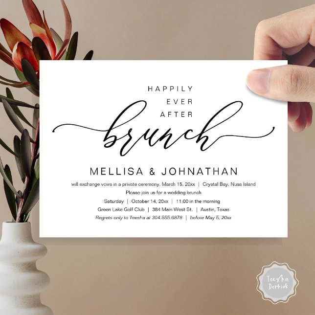 Happily Ever After Wedding Elopement Brunch Party Invitation (Happily Ever After Wedding Brunch Invitation Card, Modern Romantic Script, in Black and White)