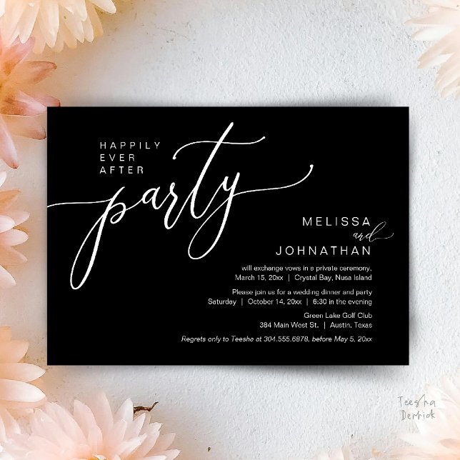 Happily Ever After Wedding Elopement Dinner Party Invitation (Happily Ever After Wedding Elopement Dinner Party Invitation card, in Black and White)