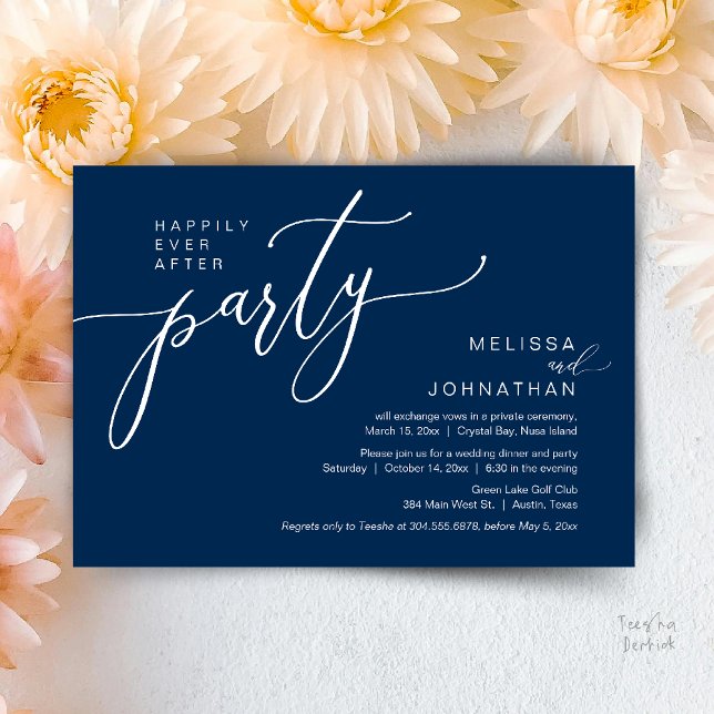Happily Ever After Wedding Elopement Dinner Party Invitation (Happily Ever After Wedding Elopement Dinner Party Invitation card, in Navy blue)