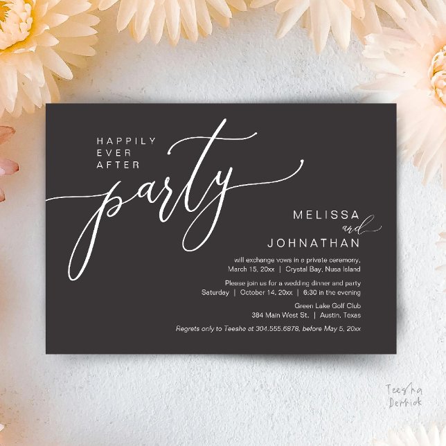 Happily Ever After Wedding Elopement Dinner Party Invitation (Happily Ever After Wedding Elopement Dinner Party Invitation card, in Charcoal Grey)