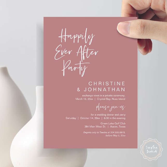 Happily Ever After, Wedding Elopement Dinner Party Invitation (Happily Ever After Party, Wedding Elopement Dinner Invitation Card, PDF, Modern, Dusty Rose Pink)