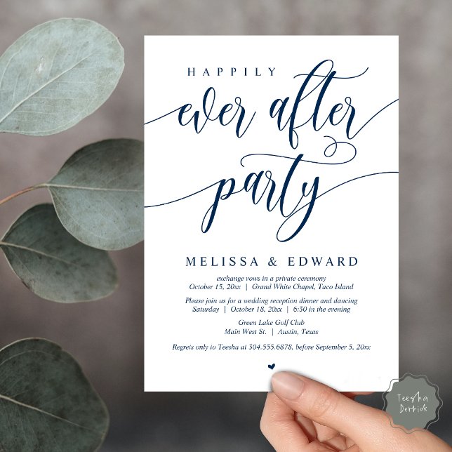 Happily Ever After Wedding Elopement Dinner Party  Invitation (Wedding Happily Ever After Party Dinner Brunch Elopement Invitation Card, PDF, Navy Blue)