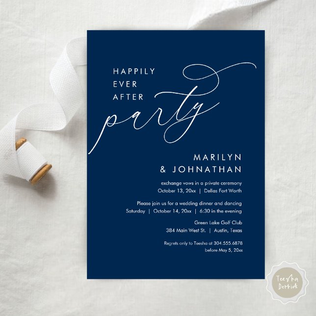 Happily Ever After Wedding Elopement Dinner Party Invitation (Happily Ever After Party, Modern Minimalist Wedding Dinner Invitation Card, PDF, Navy Blue)