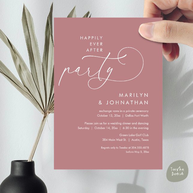 Happily Ever After Wedding Elopement Dinner Party Invitation (Happily Ever After Party, Modern Minimalist Wedding Dinner Invitation Card, PDF, Dusty Rose Pink)