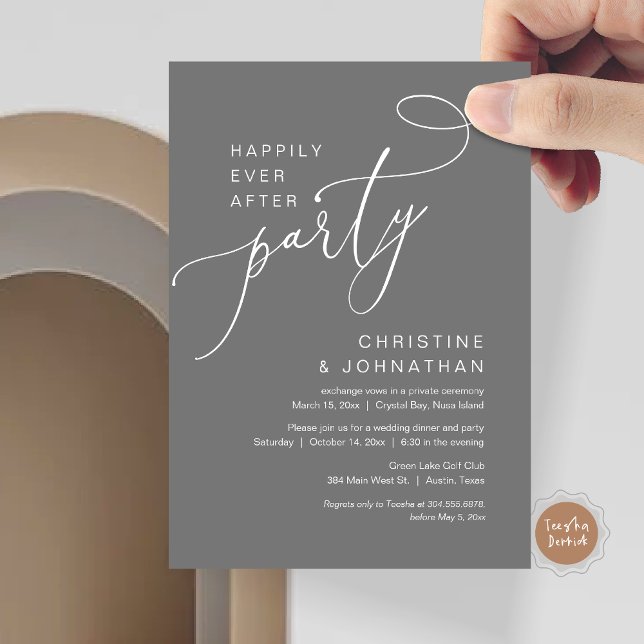 Happily Ever After Wedding Elopement Party Invitat Invitation (Happily Ever After Party, Wedding Elopement Brunch, Dinner or Lunch Invitation Card in Dark Grey)