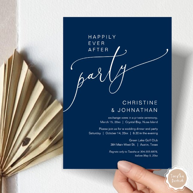 Happily Ever After Wedding Elopement Party Invitation (Happily Ever After Party, Modern Romantic Wedding Elopement Dinner Invitation Card, in Navy Blue)