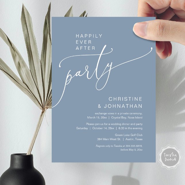 Happily Ever After Wedding Elopement Party Invitation (Happily Ever After Party, Modern Romantic Wedding Elopement Dinner Invitation Card, in Dusty Blue)