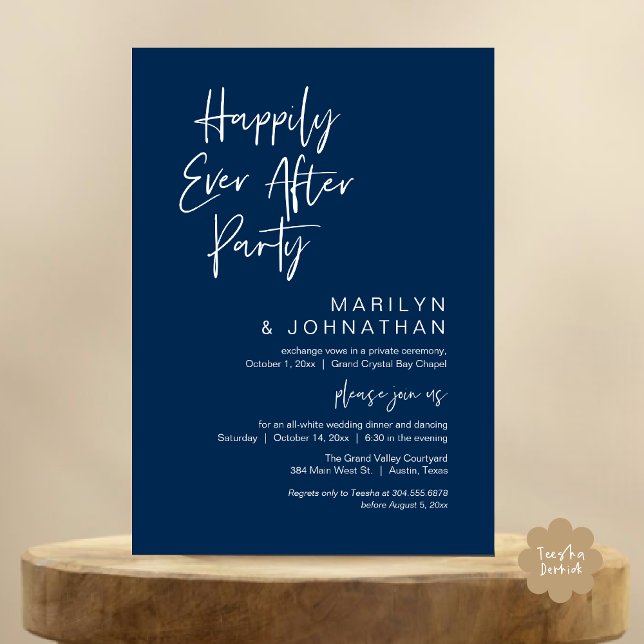 Happily Ever After, Wedding Elopement Party Invitation (Happily Ever After Party Invitation Card PDF Modern Wedding Dinner Dancing Classy Navy Blue)