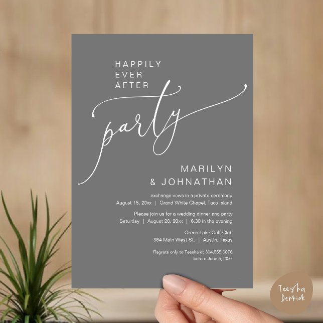 Happily Ever After Wedding Elopement Party Invitation (Happily Ever After Wedding Elopement Party Invitation Card, PDF, Modern Romantic, Dark Grey)