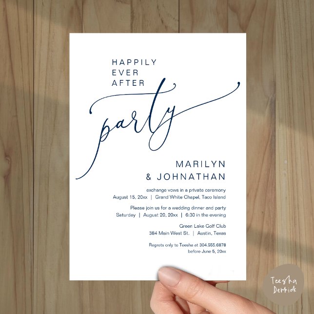Happily Ever After Wedding Elopement Party Invitation (Happily Ever After Wedding Elopement Party Invitation Card, PDF, Modern Romantic, Navy Blue)