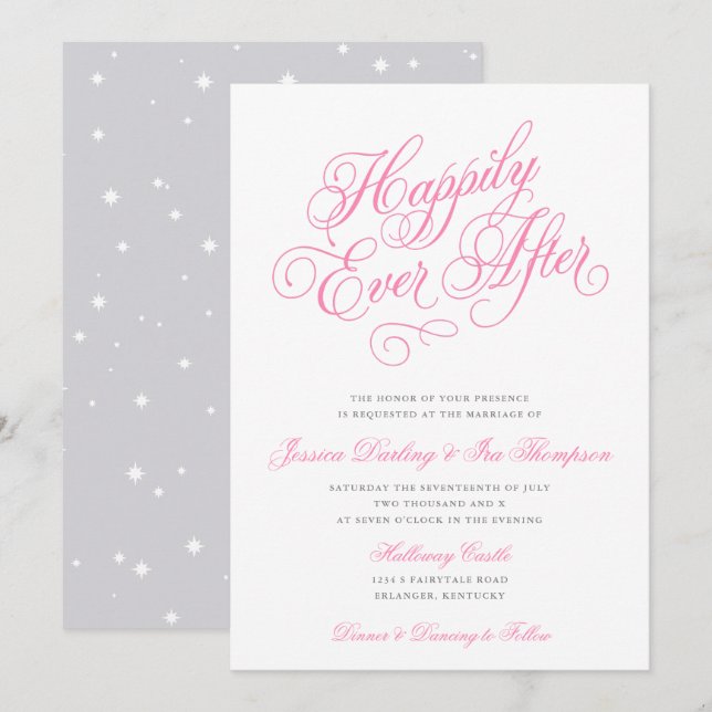 Happily Ever After Wedding Invitation Pink & Grey (Front/Back)
