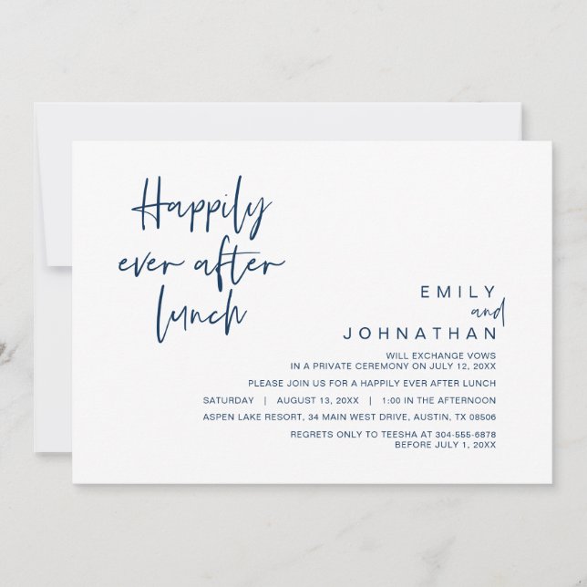 Happily Ever After Wedding Lunch, Navy Blue Invitation (Front)