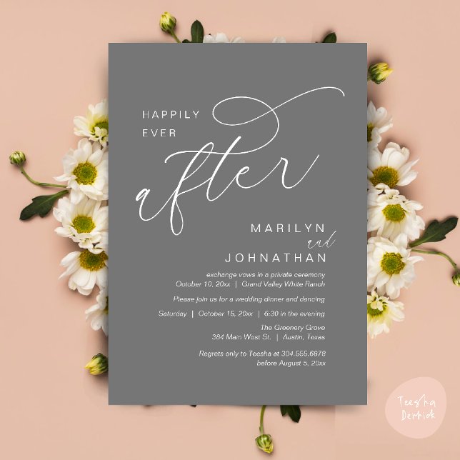 Happily Ever After Wedding Party Dinner Dancing Invitation (Romantic Happily Ever After Wedding Dinner Party Lunch Brunch Invitation PDF Card Dark Grey)