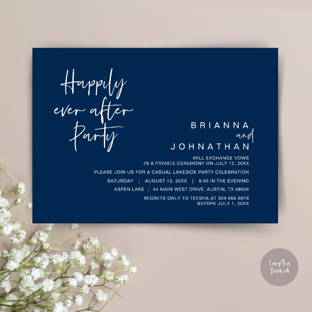 Happily Ever After Wedding Party, Navy Blue Invitation (Happily Ever After Party Invitation Card, PDF, Modern Wedding Elopement, in Classy Navy Blue)