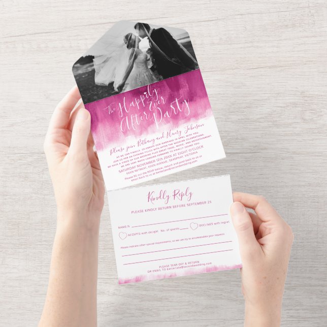 Happily ever after wedding party photo pink red all in one invitation (Tearaway)