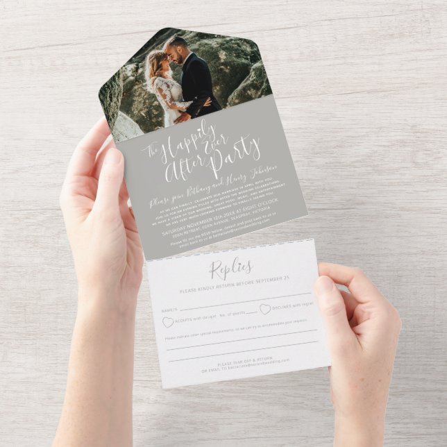 Happily ever after wedding party photo white grey all in one invitation (Tearaway)