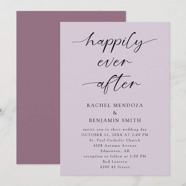 Happily Ever After Wedding Purple Script Elegant Invitation (Front/Back)