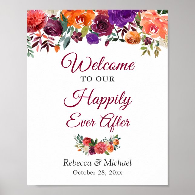 Happily Ever After Wedding Rustic Burgundy Flowers Poster (Front)