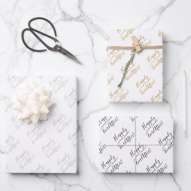 Happily Ever After Wedding Silver Gold Black White Wrapping Paper Sheet (Front)