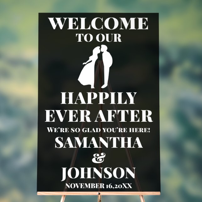 Happily Ever After Wedding Welcome Black Acrylic Sign (Neutral)