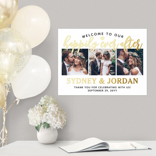 Happily Ever After Welcome Elegant 3 Photo Wedding Foil Prints (Creator Uploaded)