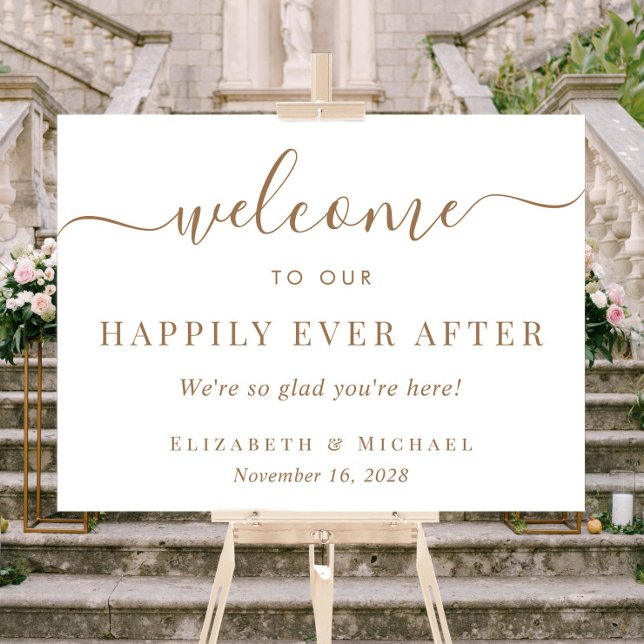 Happily Ever After White Gold Wedding Welcome Acrylic Sign (Creator Uploaded)