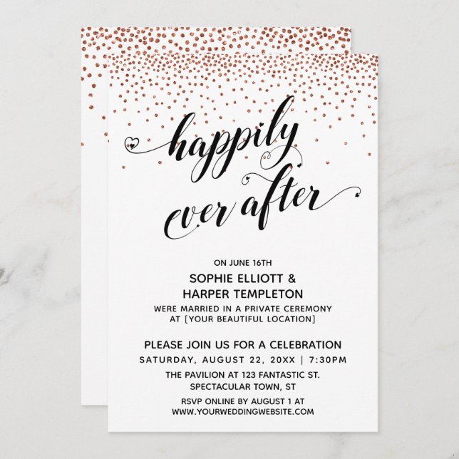 Happily Ever Ever Hearts Script Copper Confetti Invitation (Front/Back)