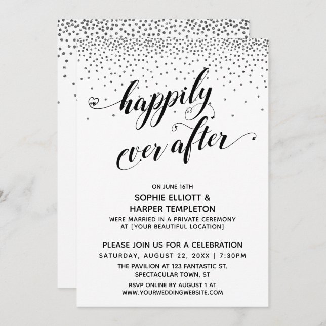 Happily Ever Ever Hearts Script Silver Confetti Invitation (Front/Back)