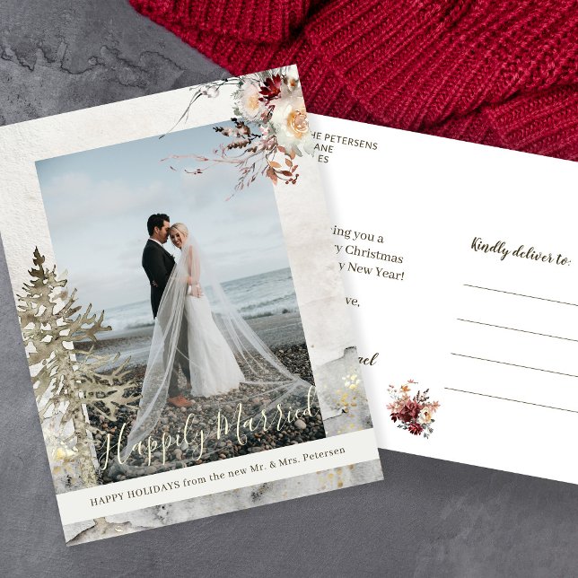 Happily Married newlyweds Christmas holidays photo Holiday Postcard (Creator Uploaded)