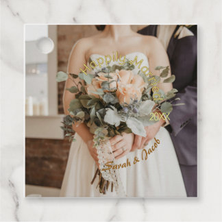 HAPPILY MARRIED YELLOW GREEN PASTEL BROWN PHOTO YE FAVOUR TAGS