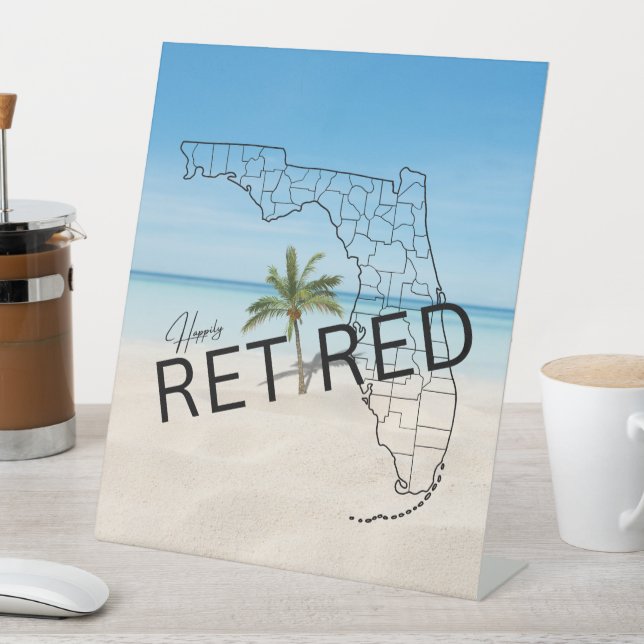 Happily Retired Florida Map and Tropical Palm Tree Pedestal Sign (In SItu)