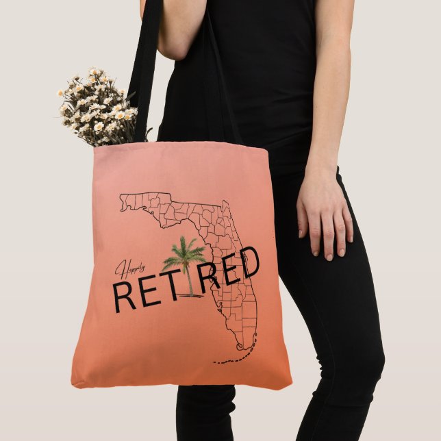 Happily Retired Florida Map and Tropical Palm Tree Tote Bag (Close Up)