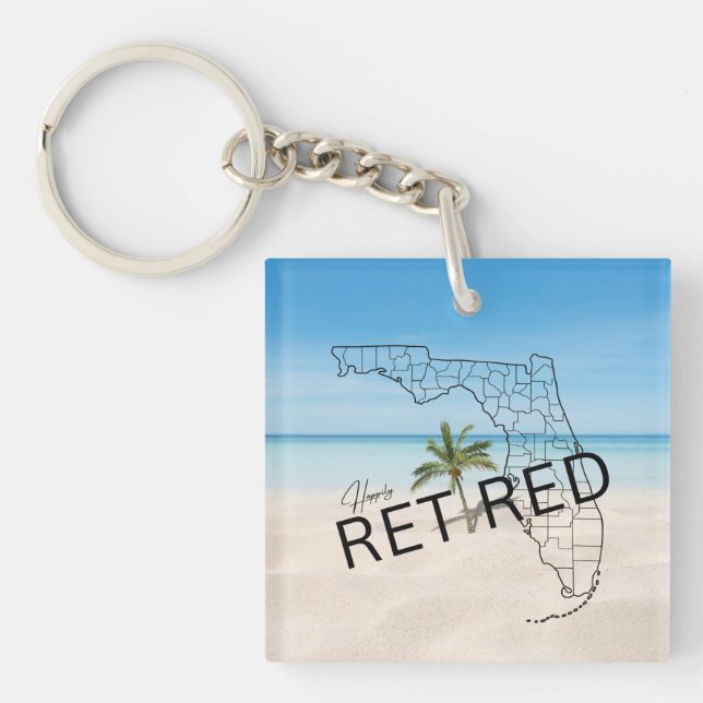 Happily Retired Florida Tropical Beach & Palm Tree Key Ring (Front)