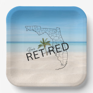 Happily Retired Florida Tropical Beach & Palm Tree Paper Plate