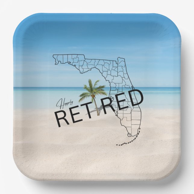 Happily Retired Florida Tropical Beach & Palm Tree Paper Plate (Front)