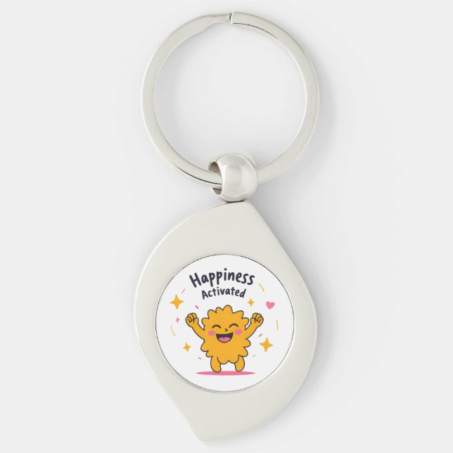 Happiness Activated – Cute Doodle Joy Character Key Ring (Front)
