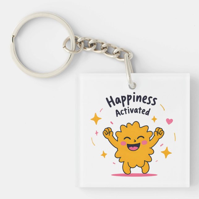 Happiness Activated – Cute Doodle Joy Character Key Ring (Front)
