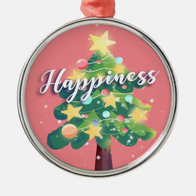 Happiness Carton Christmas Tree Pink  Metal Tree Decoration (Front)