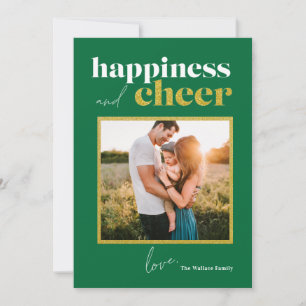 Happiness Cheer Green Gold Glitter Framed Photo Ho Holiday Card