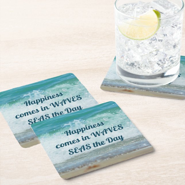 Happiness Comes in Waves SEAS the Day Coastal Square Paper Coaster (Creator Uploaded)
