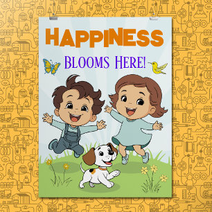 Happiness Inspirational Quote Cute Cartoon Nursery Poster