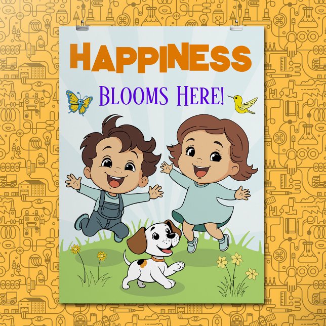 Happiness Inspirational Quote Cute Cartoon Nursery Poster (Creator Uploaded)