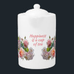 Happiness is a Cup of Tea Elegant Floral Teapot<br><div class="desc">This elegant floral teapot has pretty pink roses and quote: Happiness is a cup of tea. Makes a wonderful gift for tea lovers.</div>