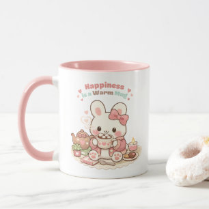Happiness is a Warm Mug Cute Bunny Rabbit Pink