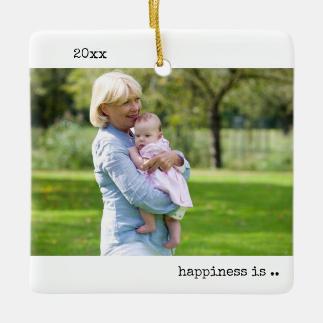 Happiness is Being a Grandma 2 Photo Minimalist Ceramic Ornament (Front)