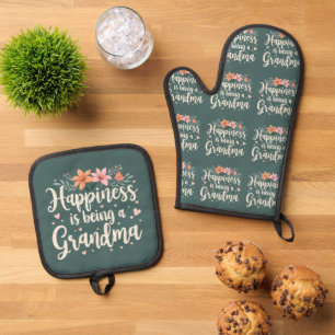  Happiness is Being a Grandma Floral Cottagecore Oven Mitt & Pot Holder Set