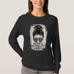 Happiness Is Being An Aunt Women Messy Bun Leopard T-Shirt
