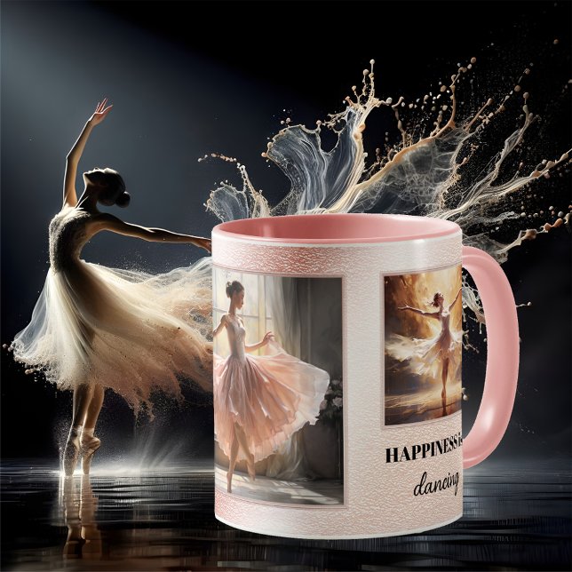 Happiness is Dancing Ballet Coffee Mug (Mug featuring paintings of ballerinas or custom photos on a pink light glitter design - ballet dance)