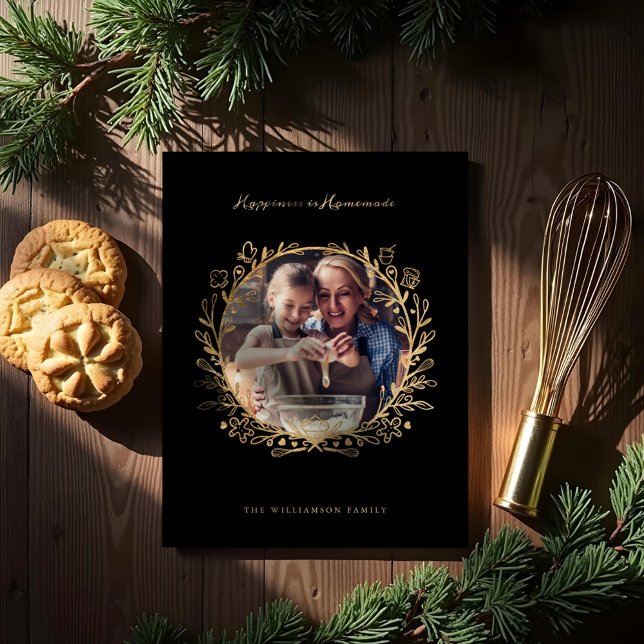 Happiness Is Homemade Gold & Black Baking Wreath Holiday Card (Happiness Is Homemade Gold & Black Baking Wreath Holiday Card)